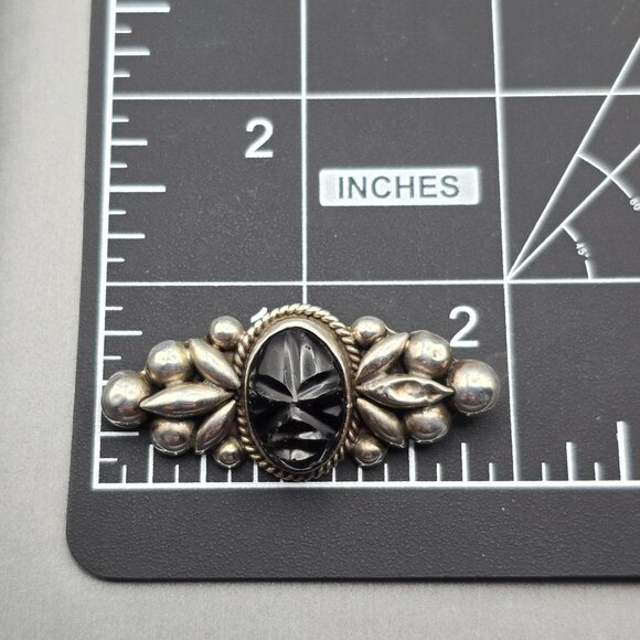 VTG Sterling Silver Black Onyx Brooch 2" Carved Face Mexico Tribal Style 7.65g - Picture 11 of 12